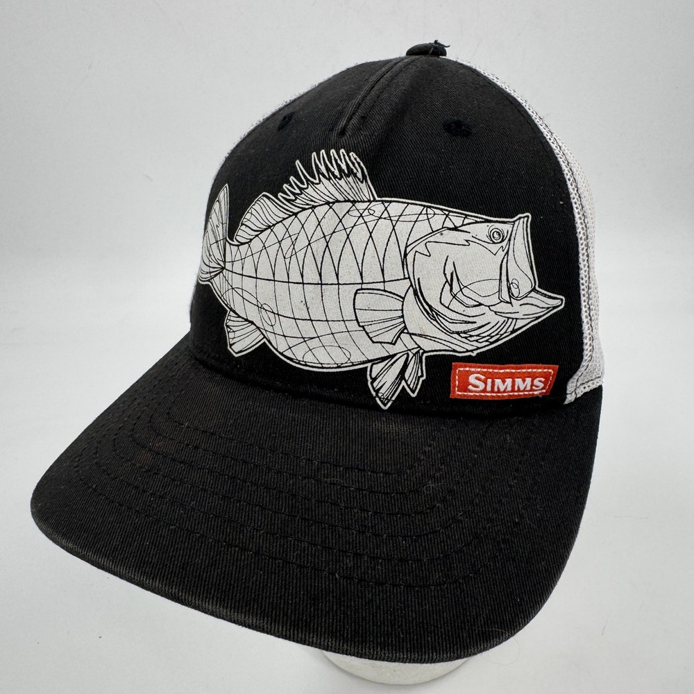 Simms Fishing Products Trucker Hat Mens OSFA Black White Bass Fish Snapback‎